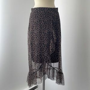 European Leopard Mesh Faux Wrap Midi Skirt Sz S